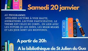 Nuit de la Lecture – Samedi 20 Janvier 2024 à partir de 20h à la bibliothèque municipale de Saint Julien du Gua